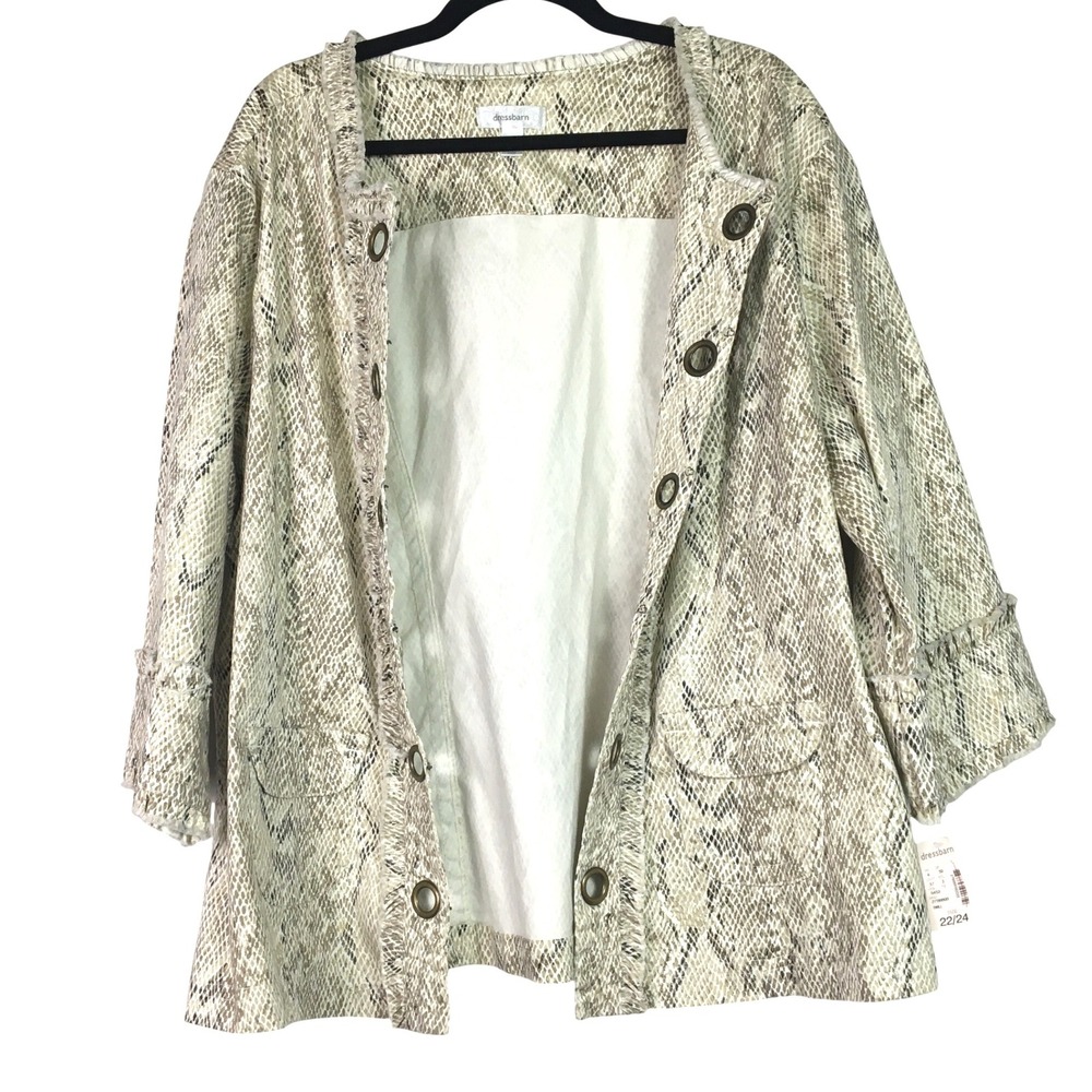 Dressbarn Fringed Snakeskin Print Open Front Jacket 22/24 Neutral